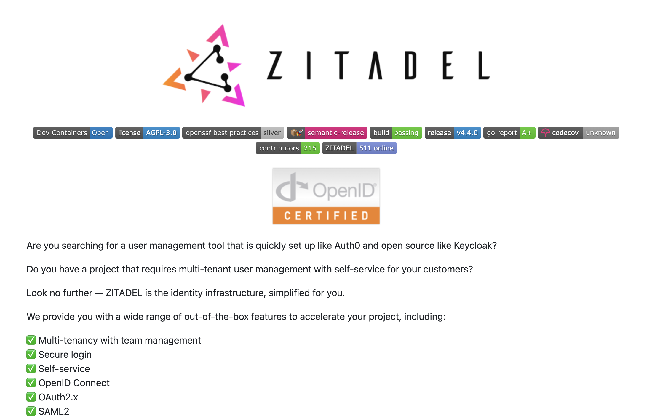 Zitadel's readme on Github